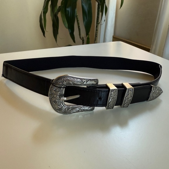 Other - Western Belt Buckle Black Faux Leather Elastic High Waisted